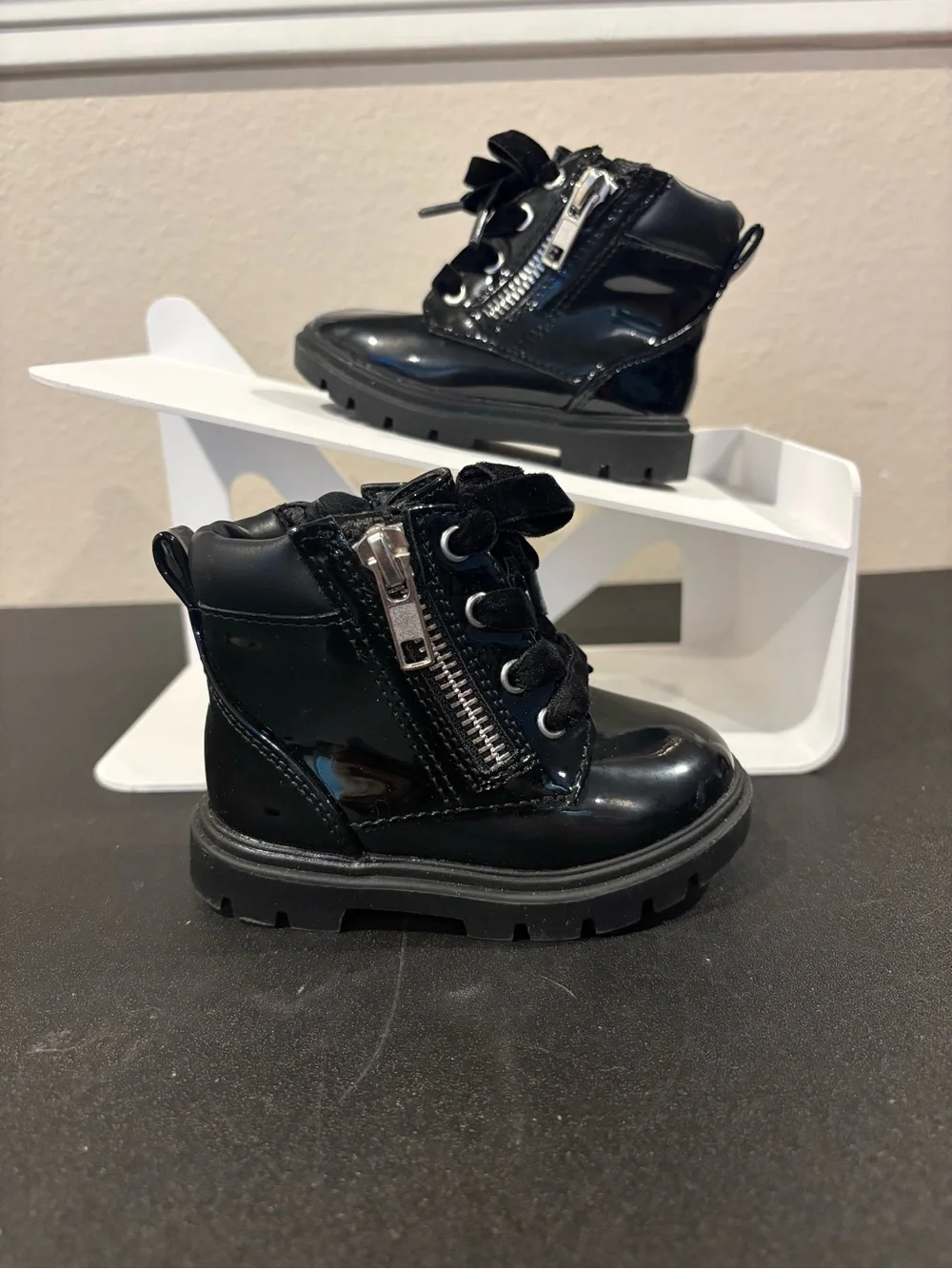 Wonder Nation Girls Boots Infant Size 4 Black Patent Leather Sparkle Zipper